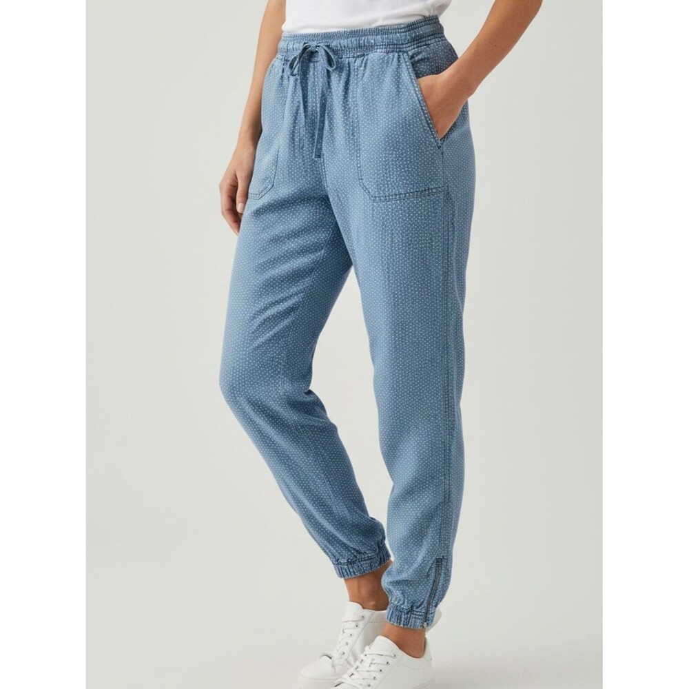 Thread & Supply Tencel Joggers Chambray Polka Dots Blue Drawstring Pant S Small